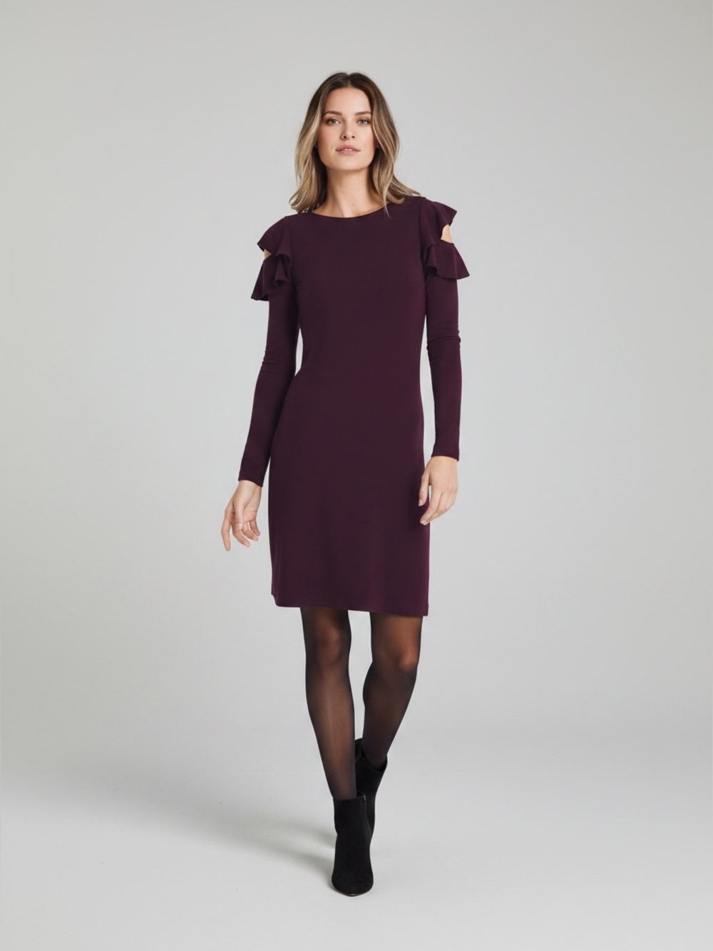 White House Black Market Purple Ruffled Cold Shoulder Long Sleeve Tunic Dress